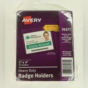 Avery Top Loading Multipurpose Vinyl Badge Holders 3" x 4" 25 / Pack New